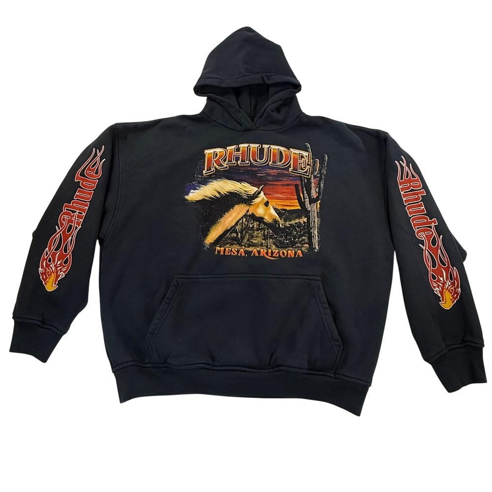 Rhude Mesa Arizona Horse Graphic Hoodie Black Flame Sleeve Mens XL New